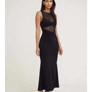 Sheer Panel Twist-Front Black Evening Dress